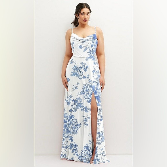 SOFT COWL-NECK A-LINE MAXI DRESS W/ ADJUSTABLE STRAPS IN COTTAGE ROSE DUSK BLUE - Picture 8 of 10